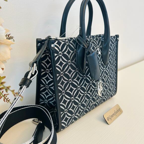 Michael Kors Purse Mirella Small Metallic Logo Jacquard Crossbody Bag Black - Picture 3 of 10